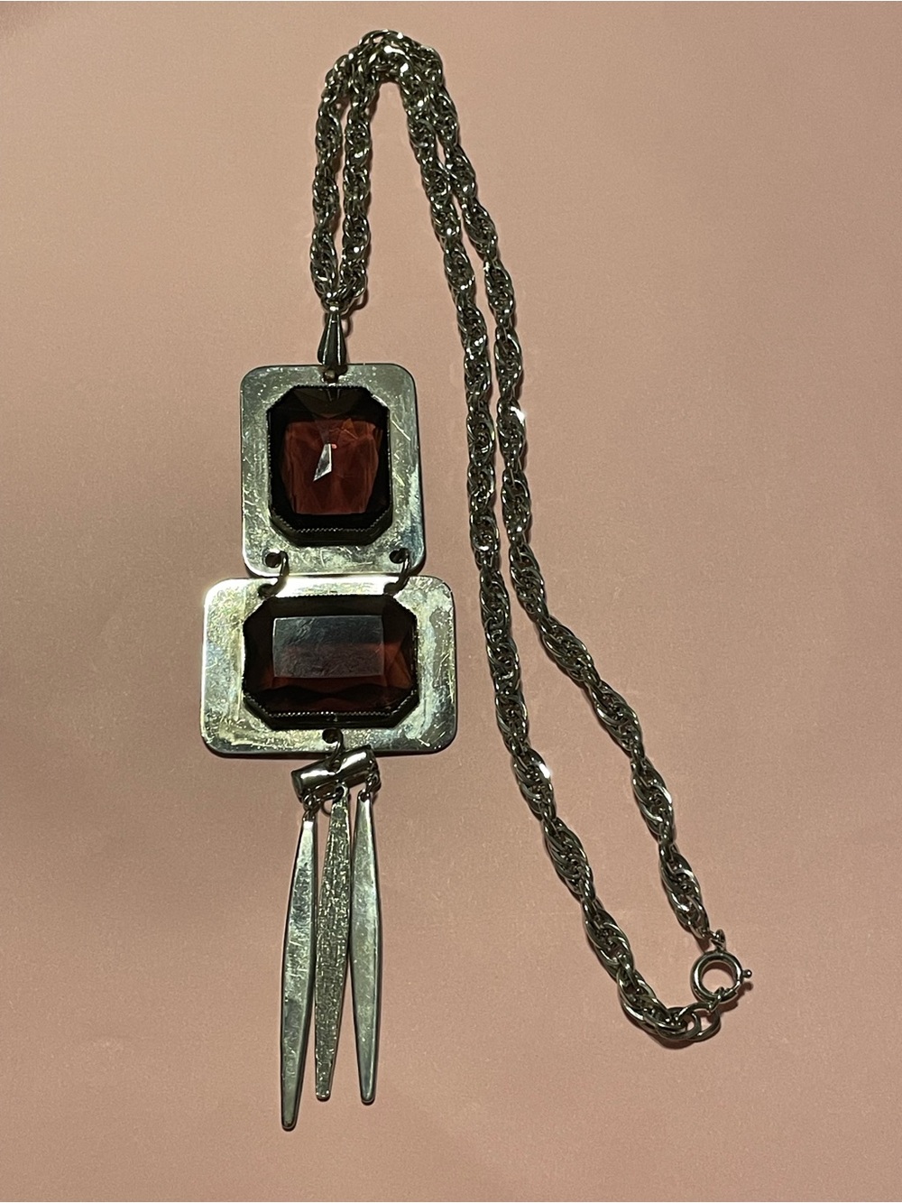 Vintage Silver Tone Glass Chain Necklace #0139